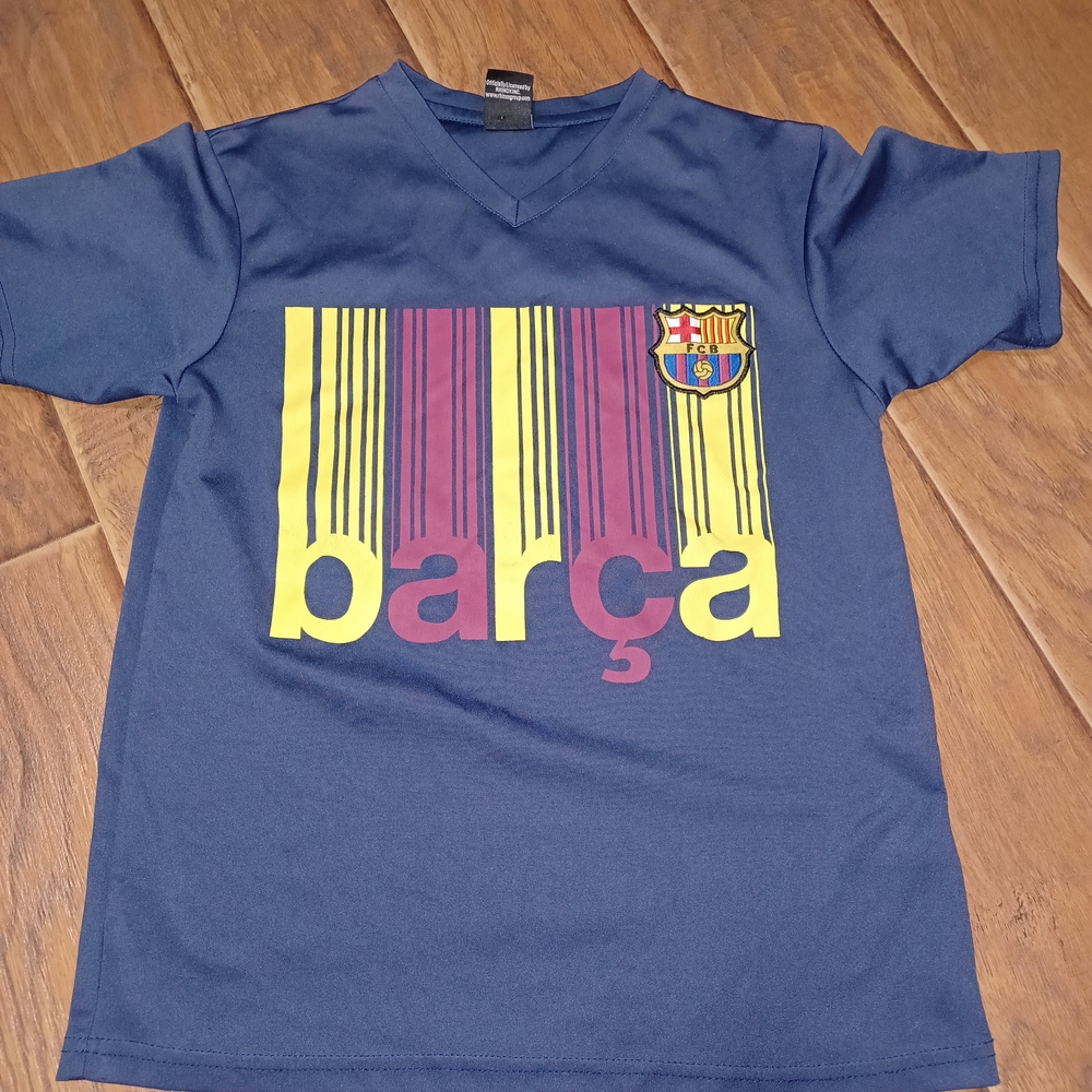 Barca..Blue and Yellow Short Sleeve Tee with Barcode Design